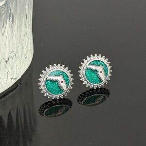 Florida Map Bling Earrings S925 Sterling Silver Handmade Ear Stud